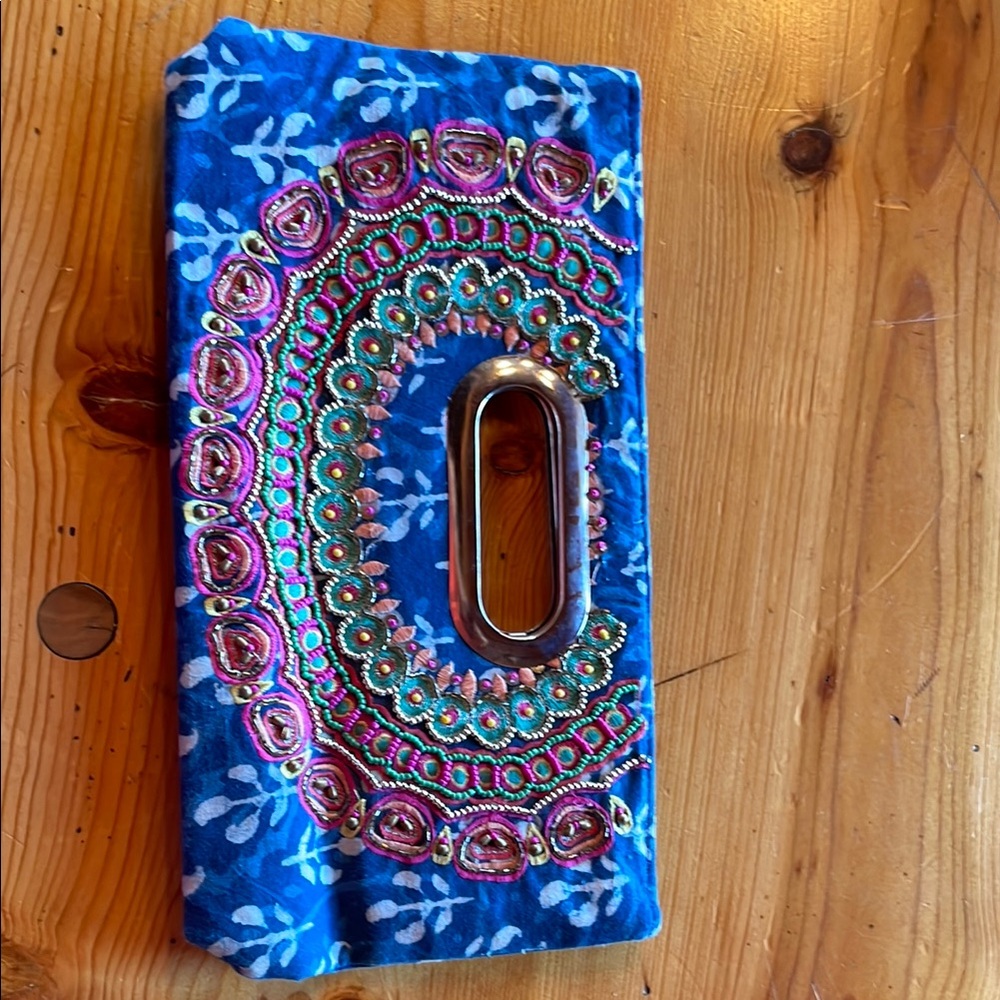 Embroidered Blue beaded clutch